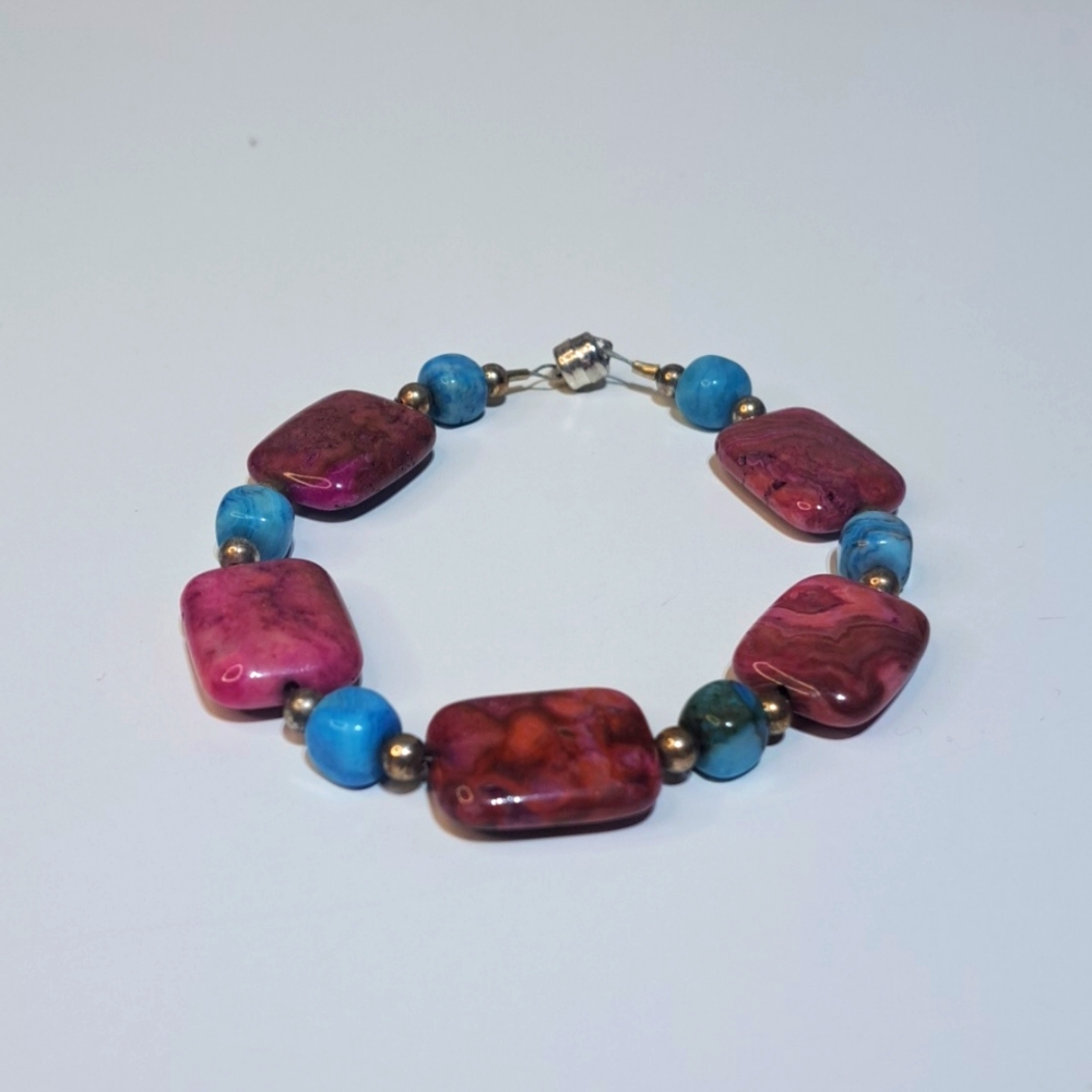 Hand Crafted Pink Blue Crazy Lace Agate Stone Boho Bracelet Magnetic Clasp
